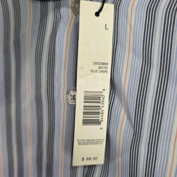 Womens Tahari Blue Striped Blouse Long Sleeve Button Down V-Neck Ruffle Cuff L - Picture 2 of 9